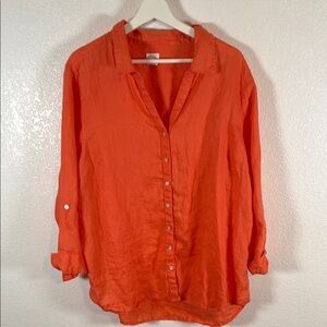 Sigrid Olsen Orange Linen Top Roll Tab Sleeves Mother of Pearl Button Down 2XL